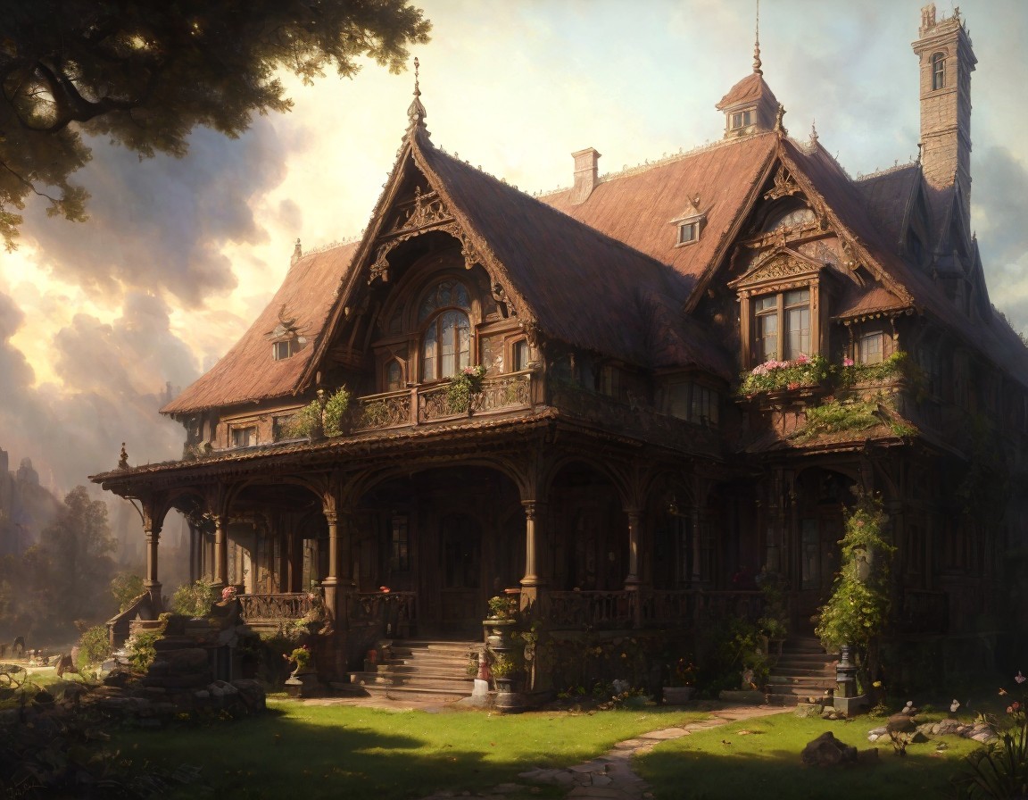Victorian House Surrounded by Lush Greenery