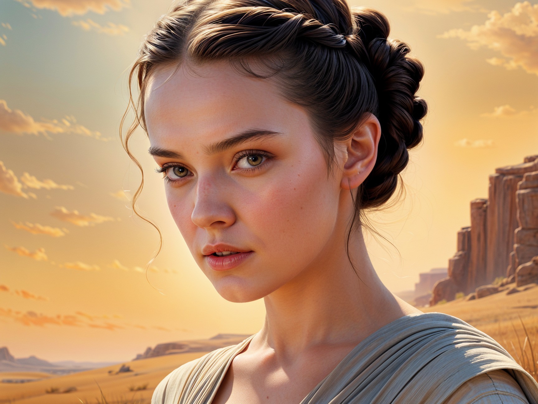 Young woman in elegant hairstyle at sunset landscape