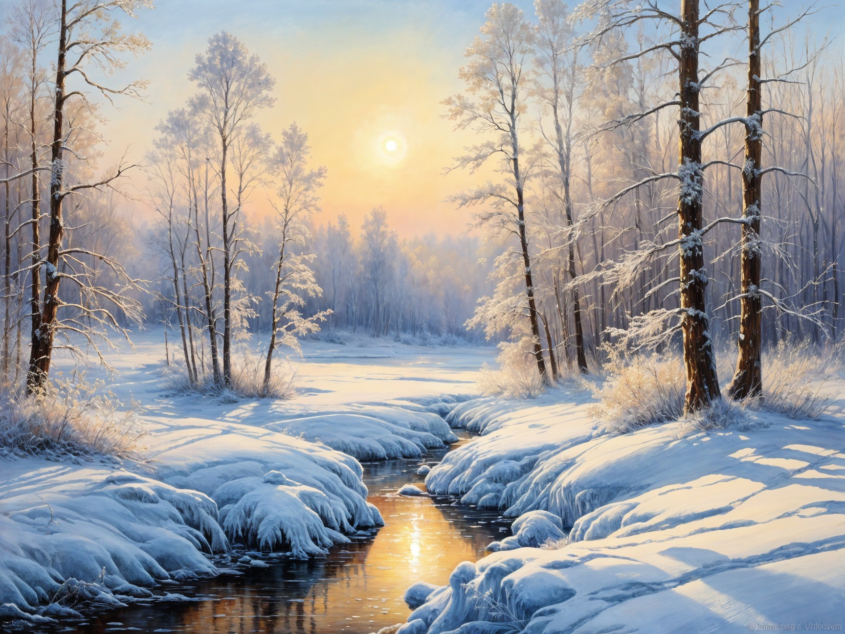 Winter Landscape with Stream and Frosted Trees