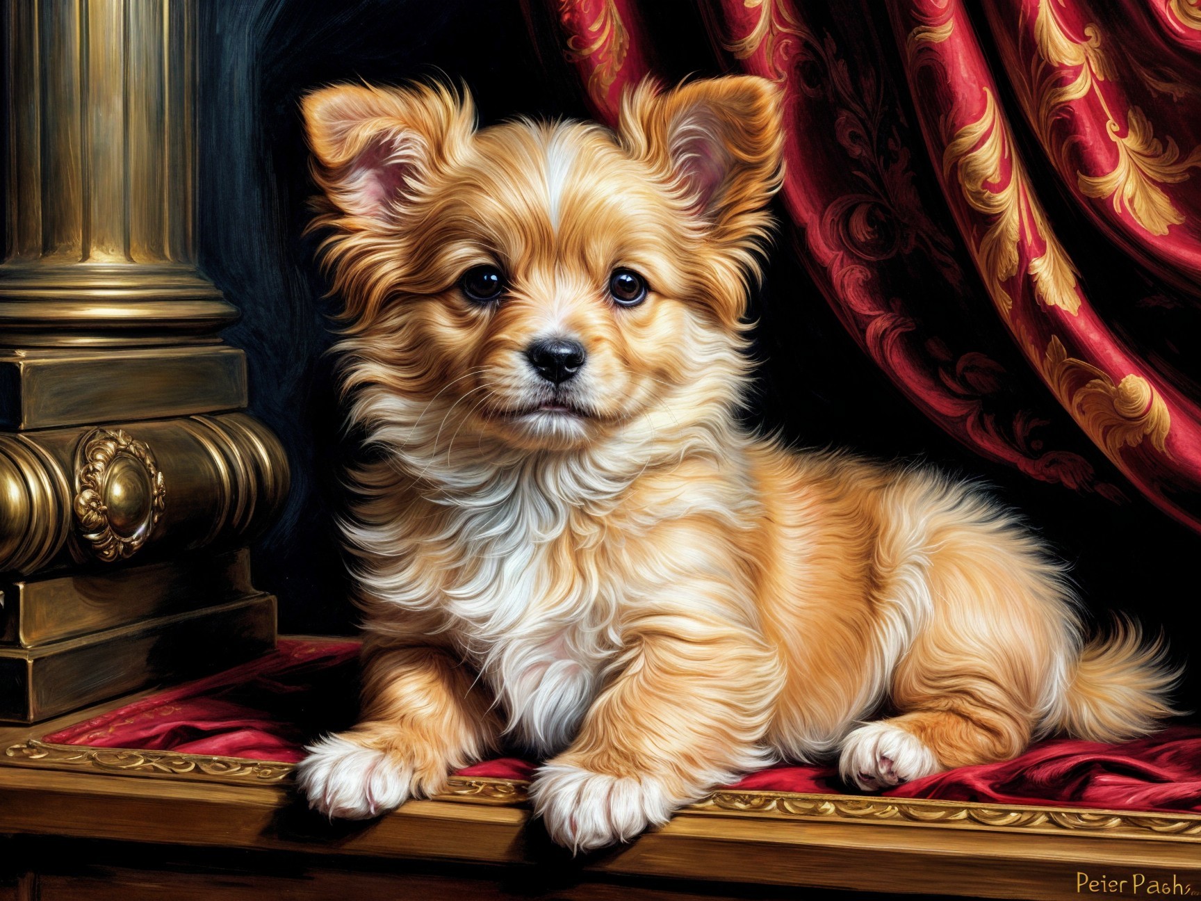 Fluffy Light Brown Puppy on Ornate Cushion