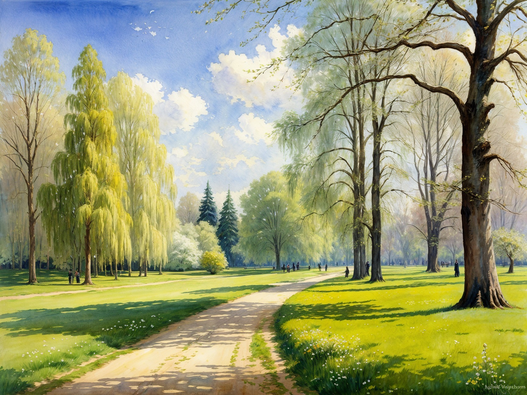Vibrant Spring Park with Lush Greenery and Flowers