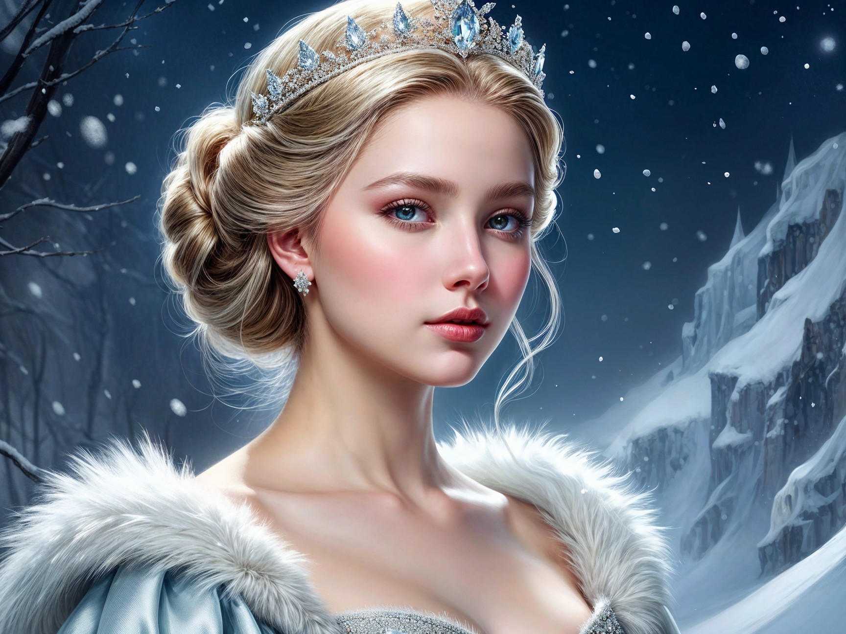 Elegant Woman in Gown with Tiara in Winter Scene