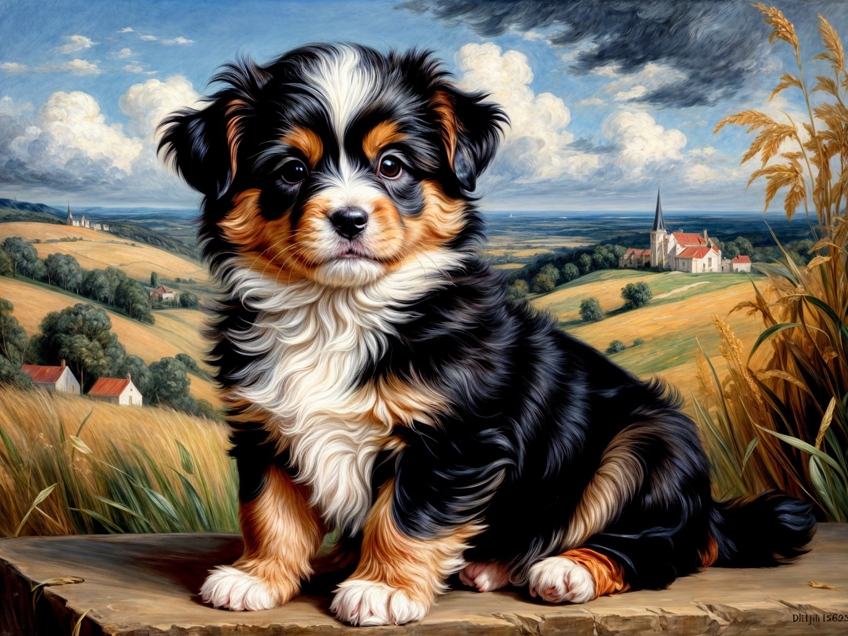 Puppy on Wooden Ledge with Scenic Landscape View