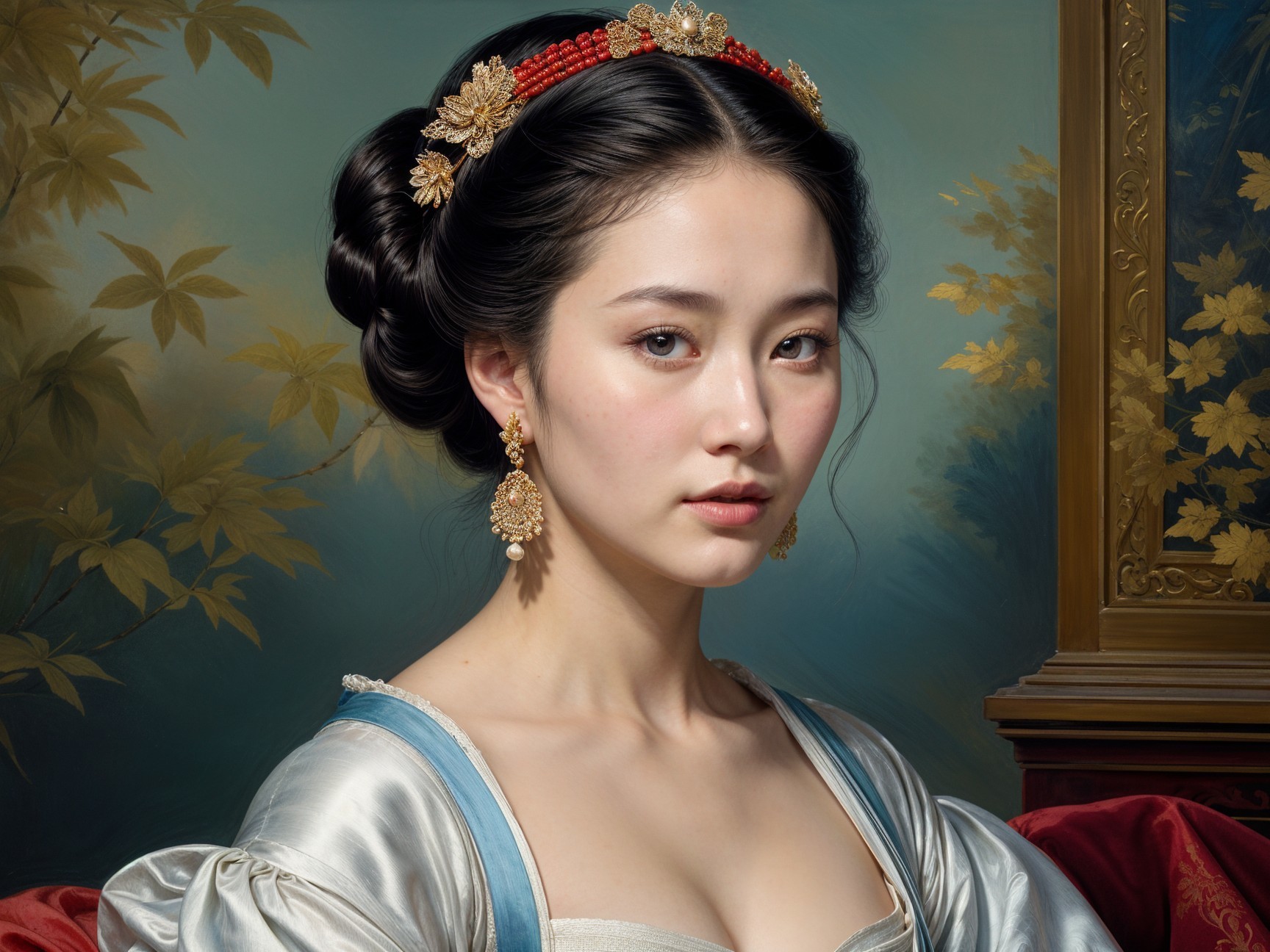 Elegant Woman in Floral Hairpiece and Gown