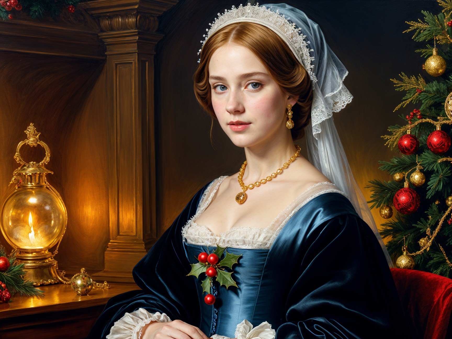 Young Woman in Blue Dress by Cozy Christmas Hearth