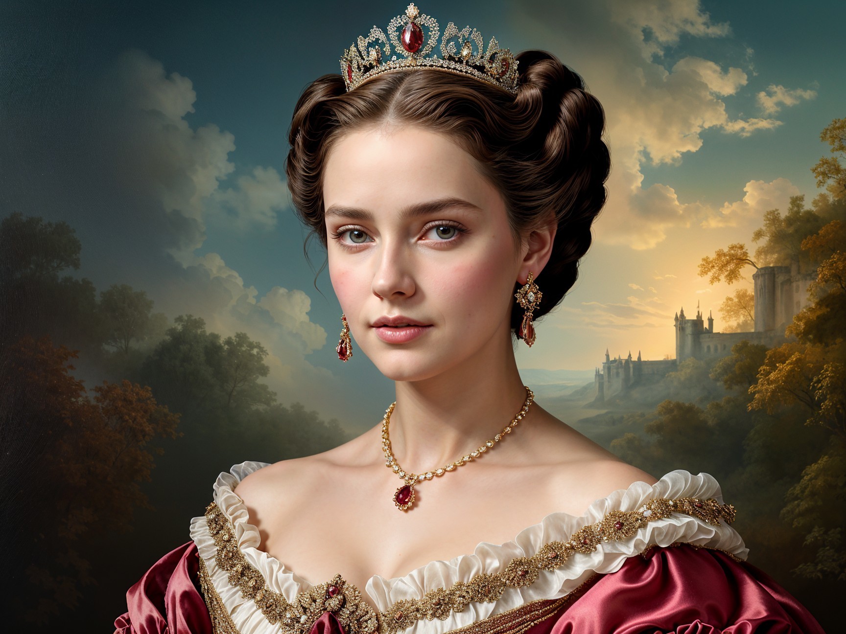 Regal Woman in Crimson Gown with Castle Background