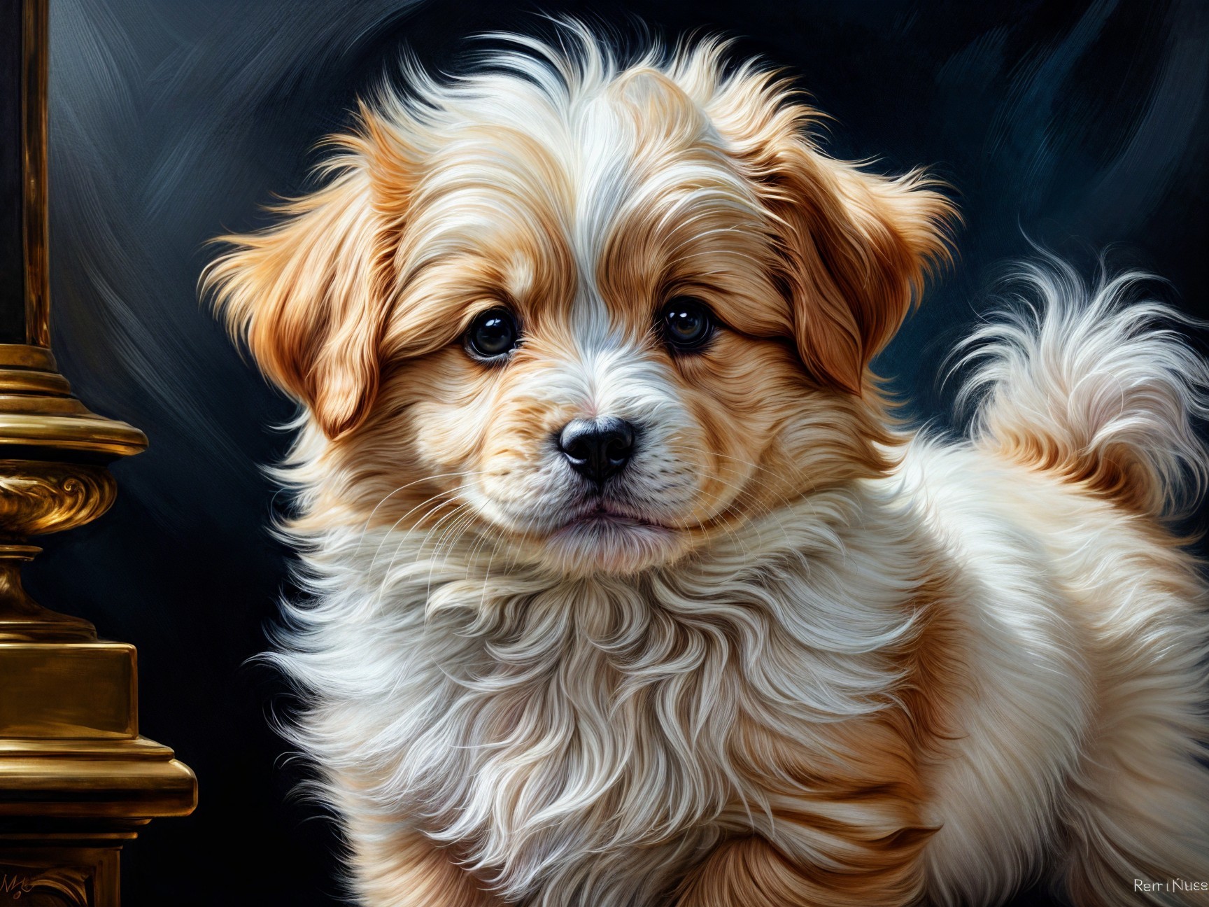Fluffy Golden and White Puppy with Expressive Eyes