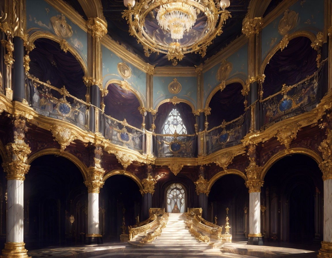 Opulent Room with Dark Floors and Blue Walls