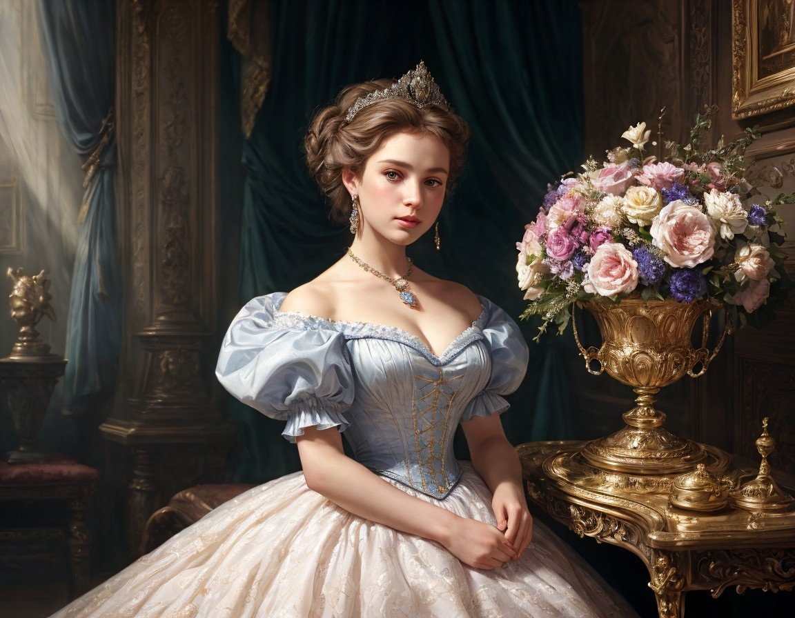 Elegant woman in vintage ball gown with tiara in luxurious room