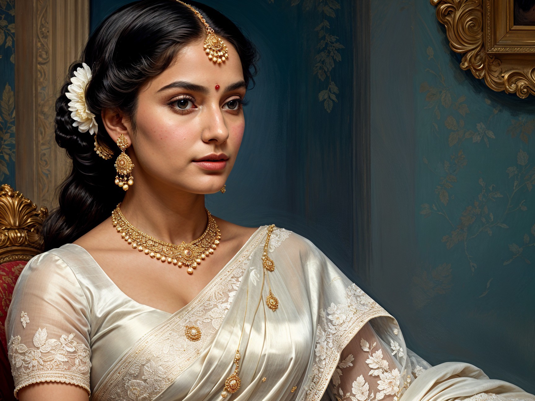 Young woman in cream saree with gold jewelry