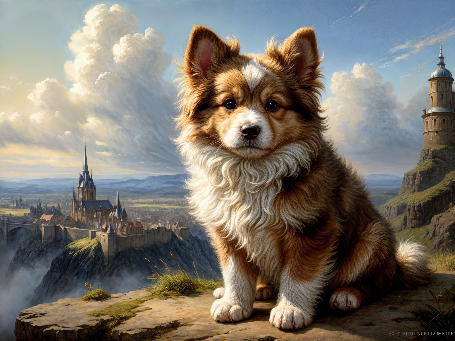 Fluffy Puppy on Rocky Ledge Overlooking Fantasy Landscape
