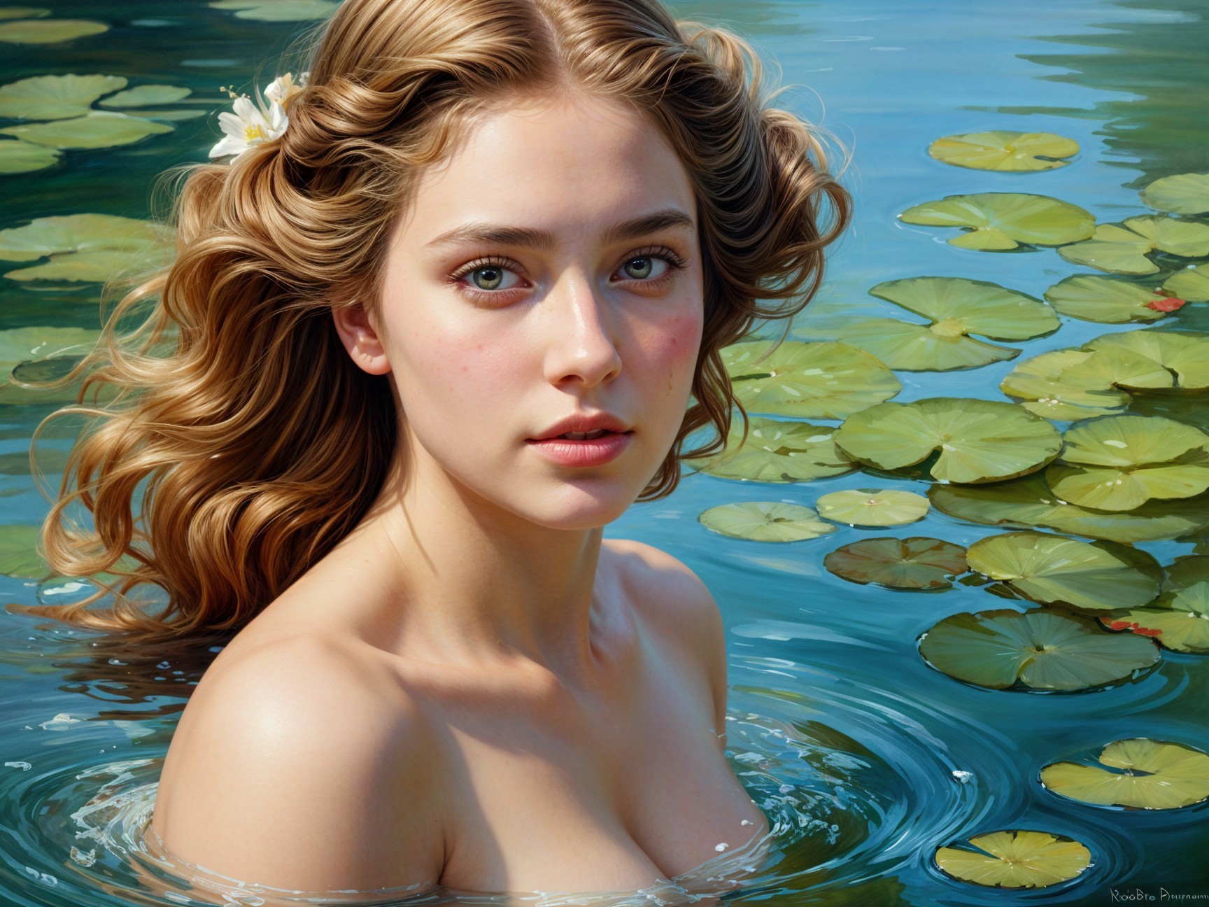 Young Woman Emerging from a Tranquil Pond Scene