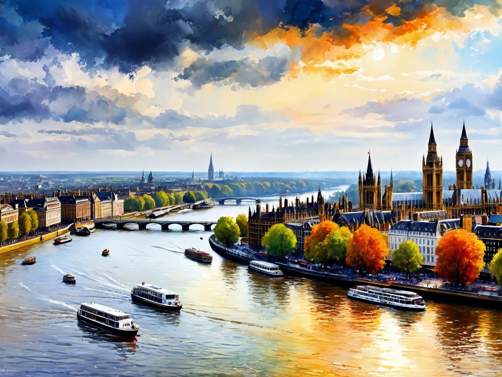 Vibrant Thames Landscape with Sunset and Landmarks