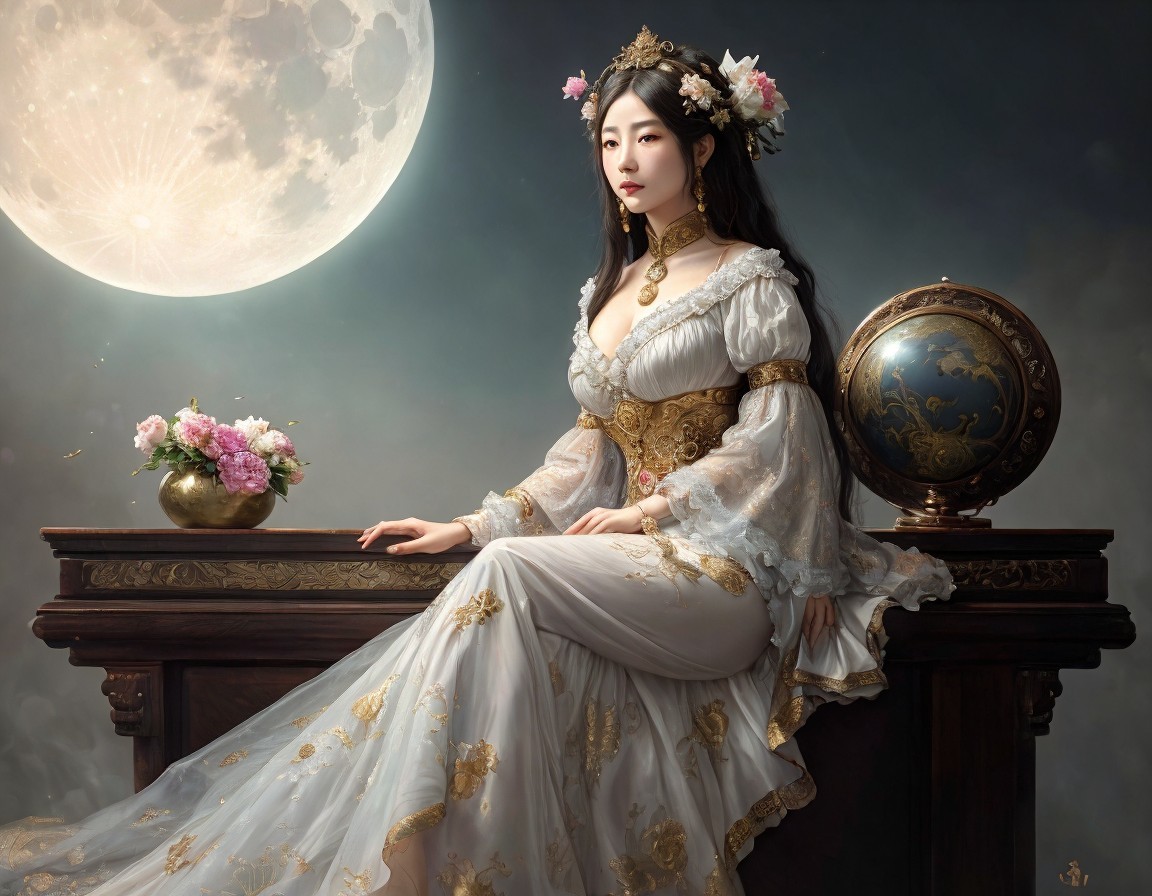Elegant Woman in White Dress with Moonlit Globe
