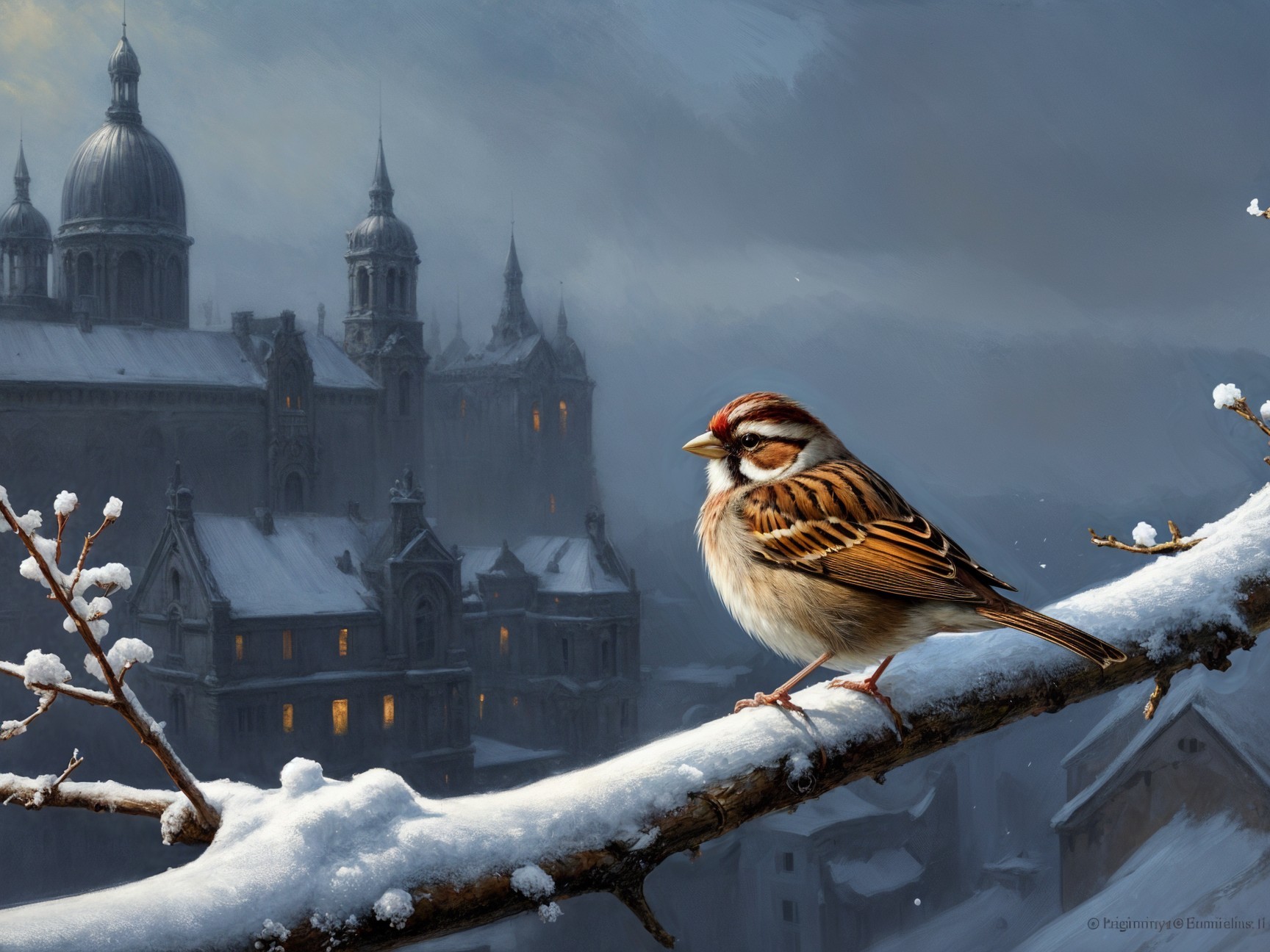 Sparrow on Snowy Branch with Gothic Cityscape Background