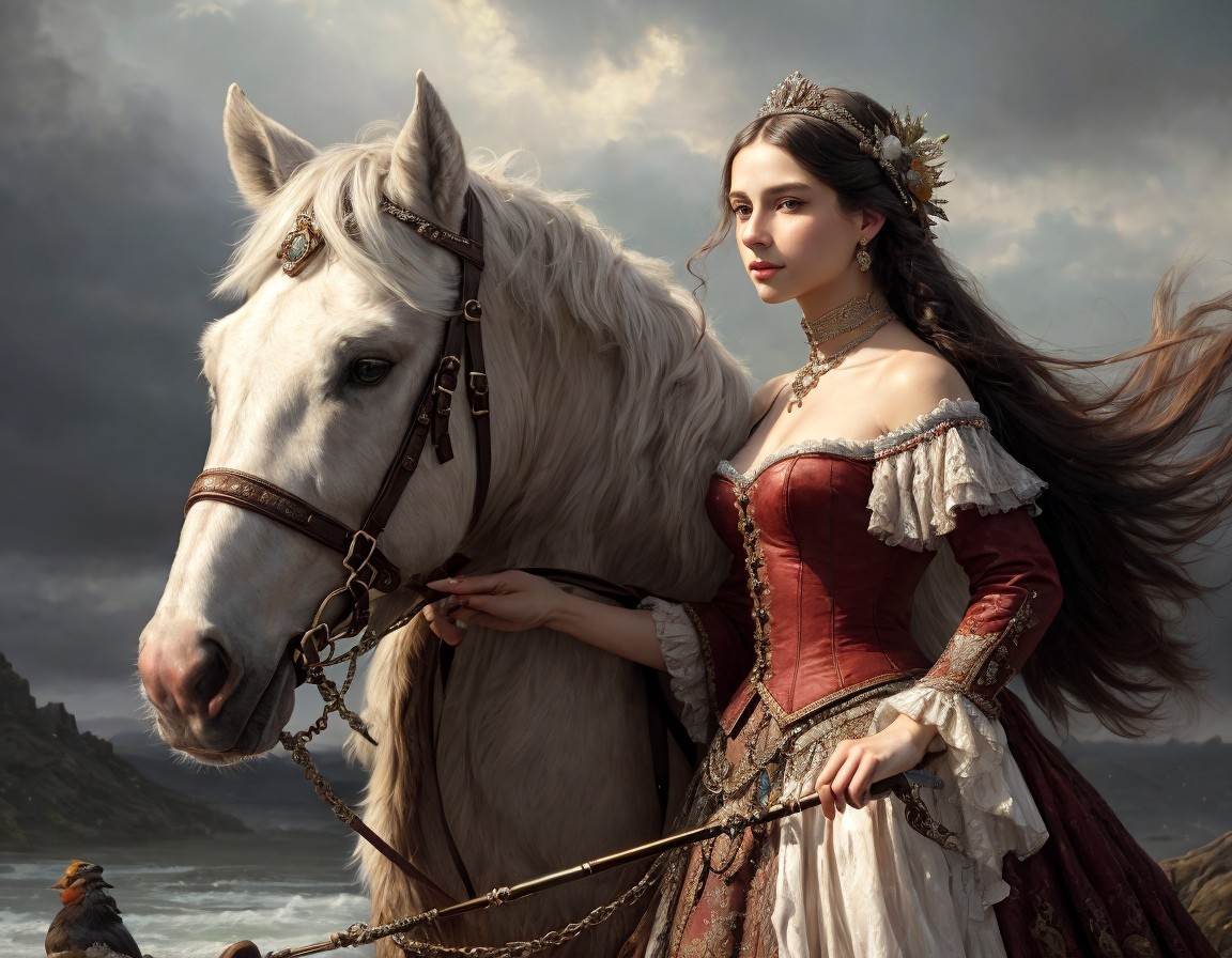 Regal woman in burgundy gown with white horse by stormy seas