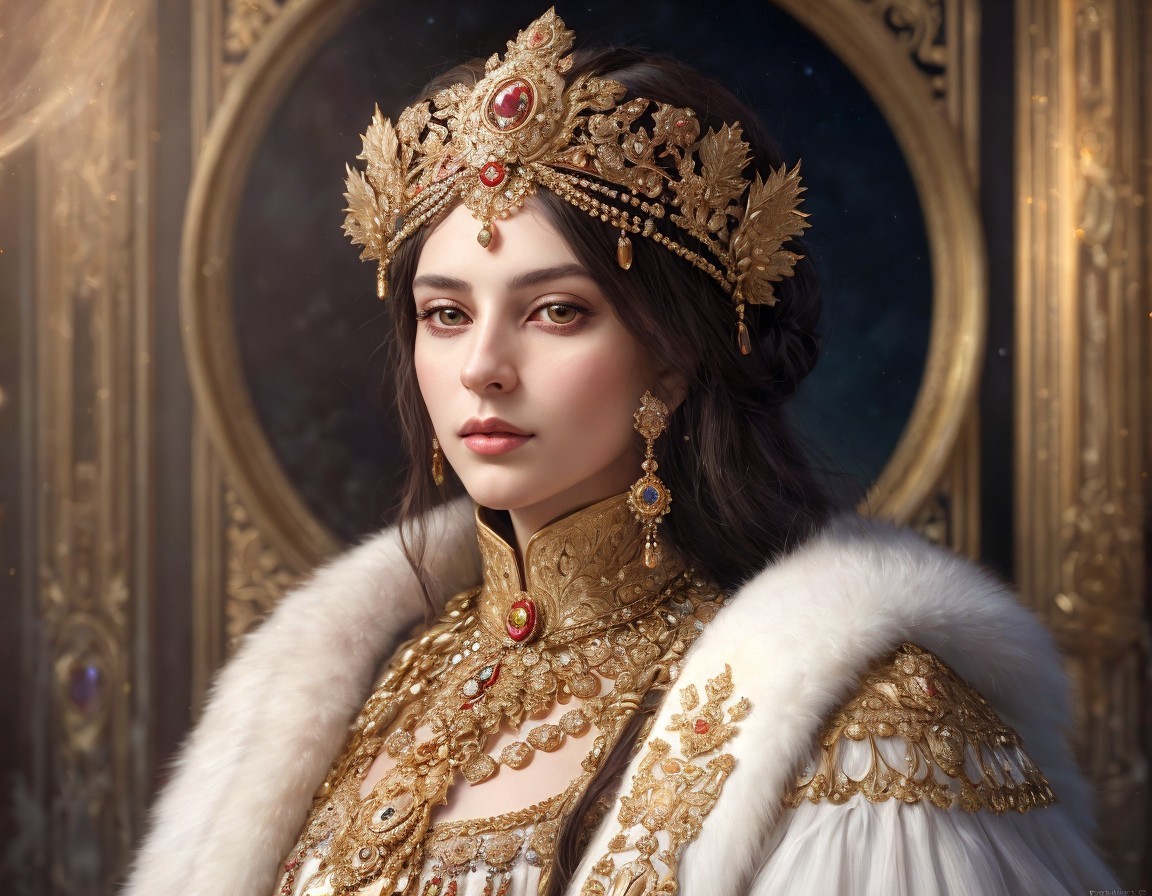 Regal Woman in Ornate Crown and Elegant Gown