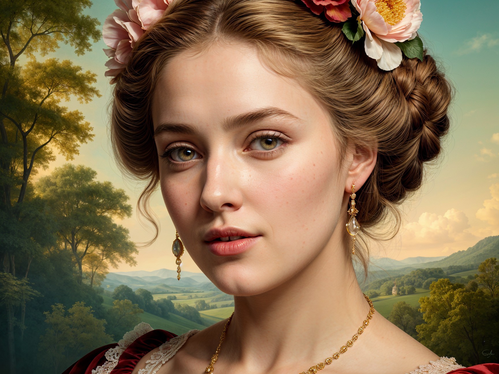 Young Woman in Vintage Dress Surrounded by Nature