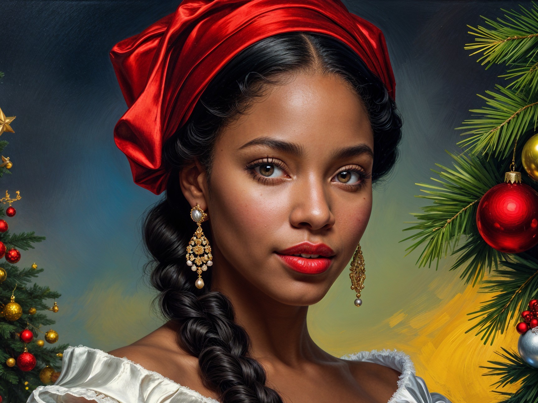 Young woman with braided hair in festive Christmas scene