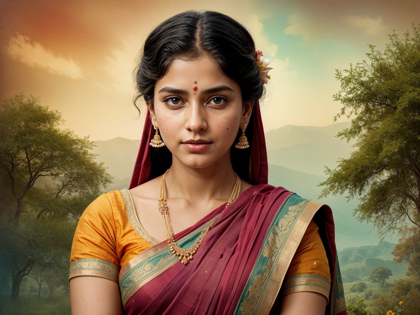 Young Woman in Traditional Indian Attire Amidst Hills