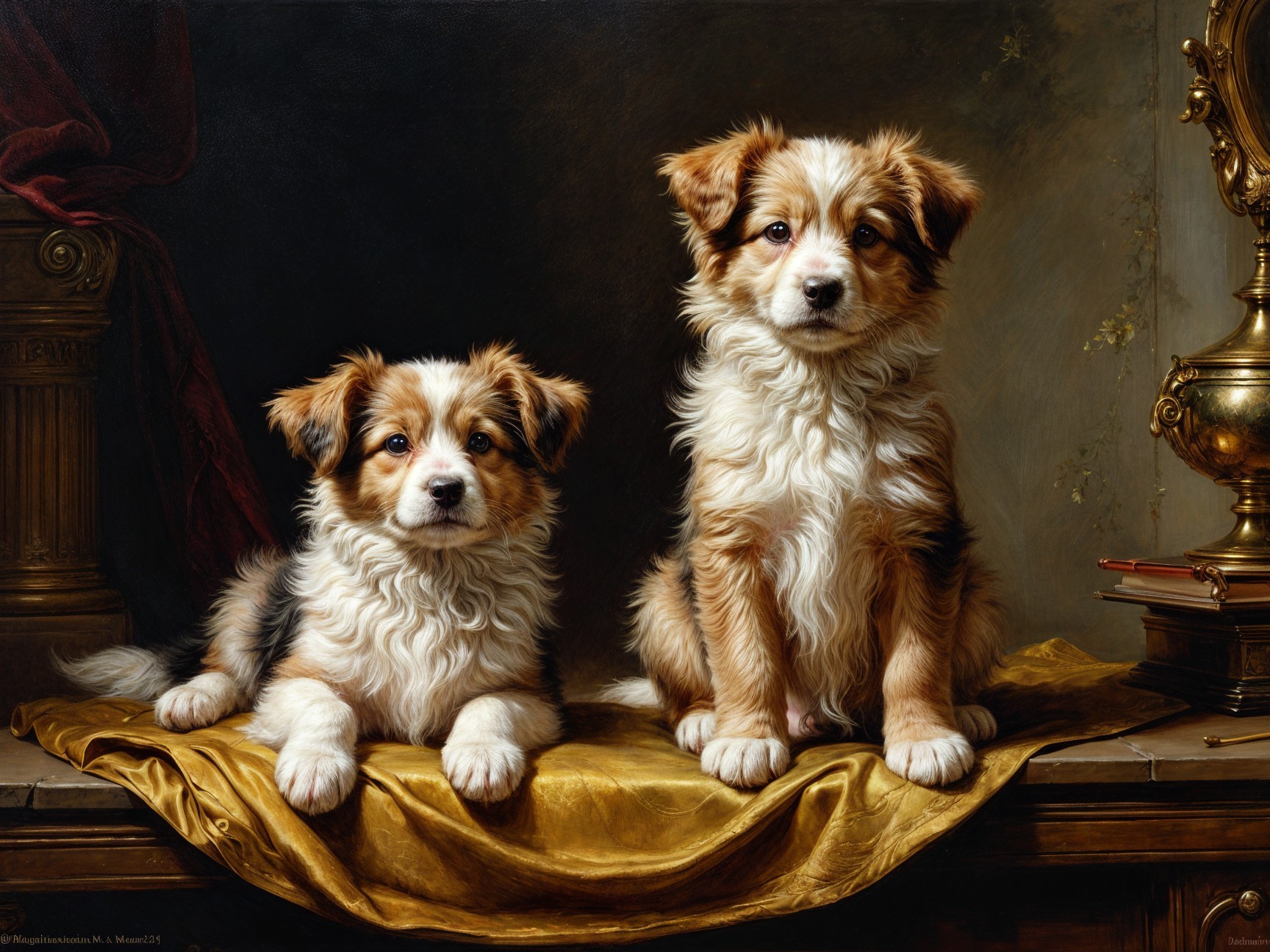 Puppies on Golden Cloth with Elegant Furnishings