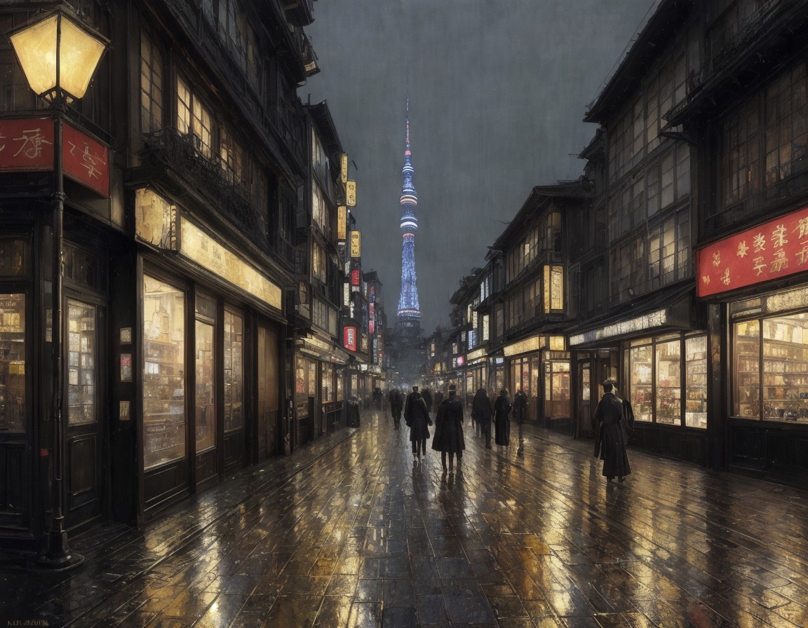Traditional street scene with lanterns, shops, and modern tower at dusk