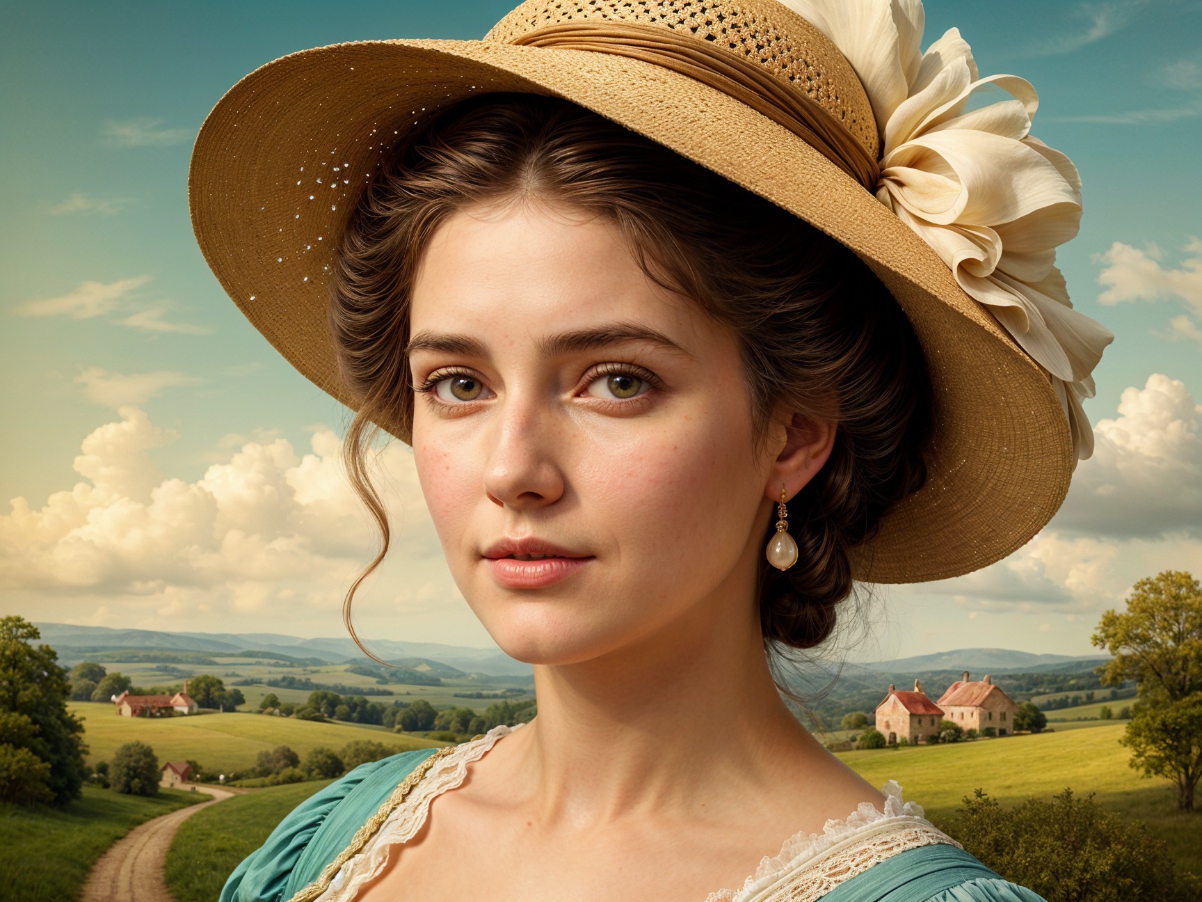 Young woman in elegant dress with picturesque landscape