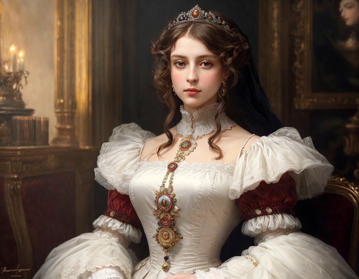 Woman in lavish white period dress with puffed sleeves and elaborate jewelry against classic backdrop.