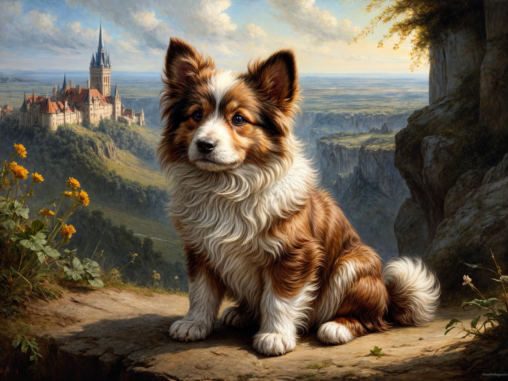 Fluffy dog on rocky ledge with castle backdrop