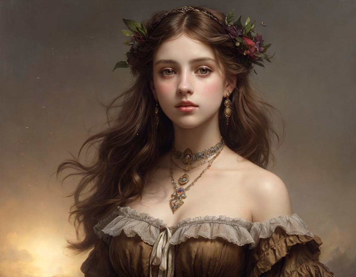 Portrait of a young woman in floral attire and jewelry