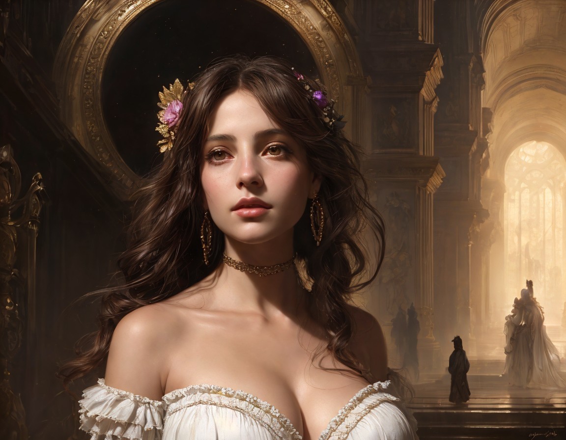 Woman in Off-Shoulder Dress in Ornate Sunlit Hall