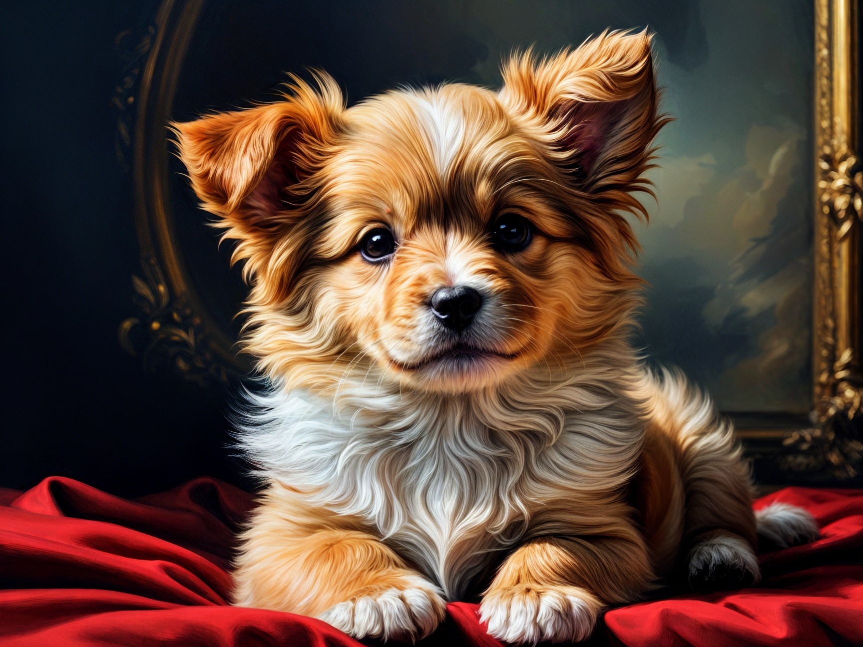 Golden-brown puppy on red fabric with ornate frame