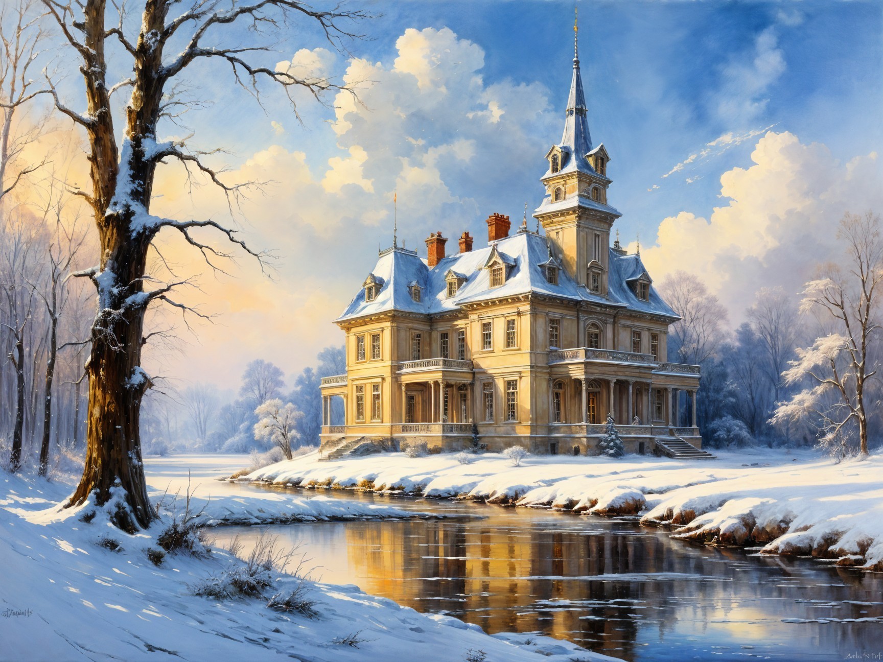 Snow-Covered Mansion by Tranquil River at Sunset