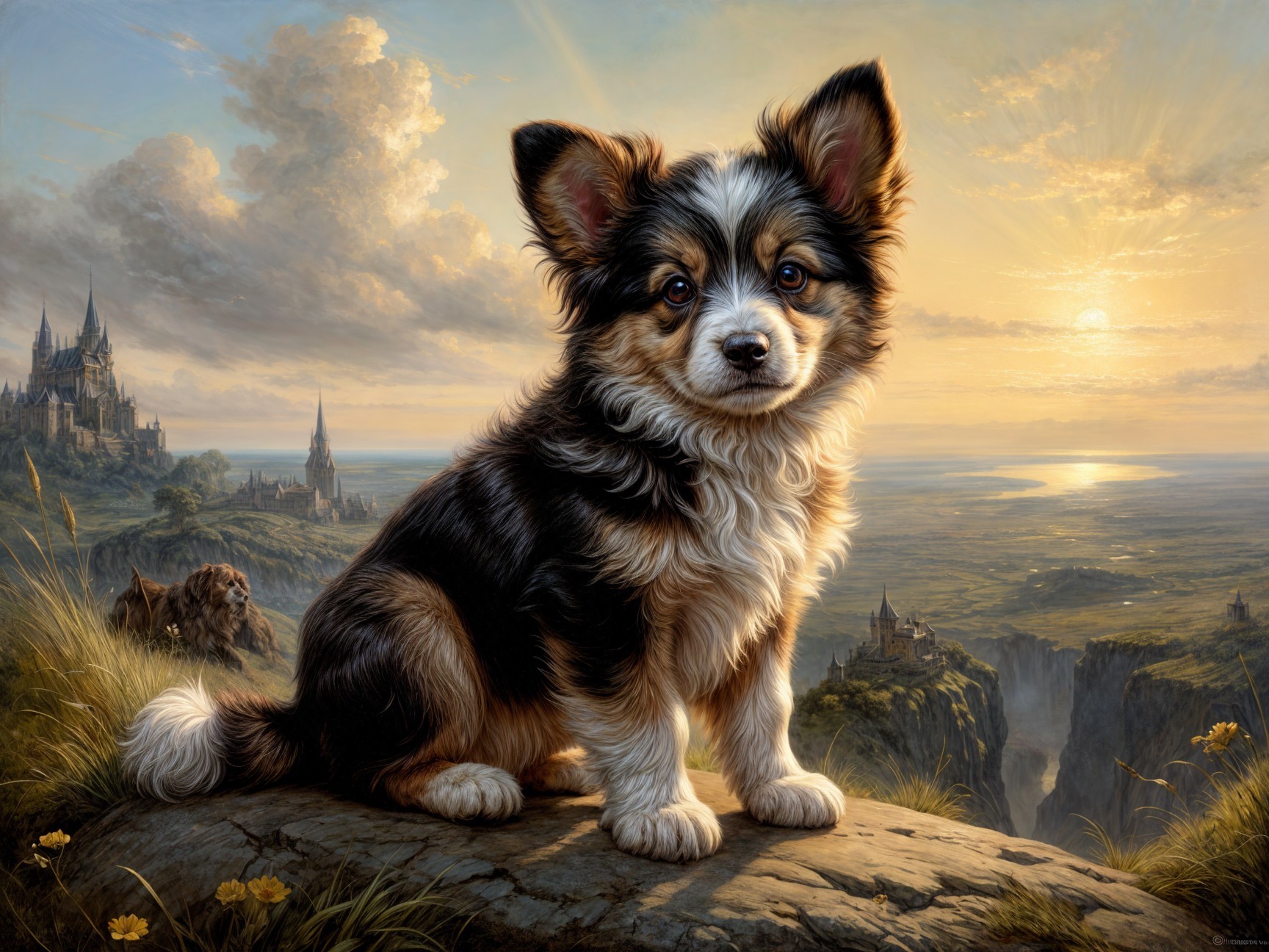 Fluffy Dog on Rock with Sunset and Distant Castles