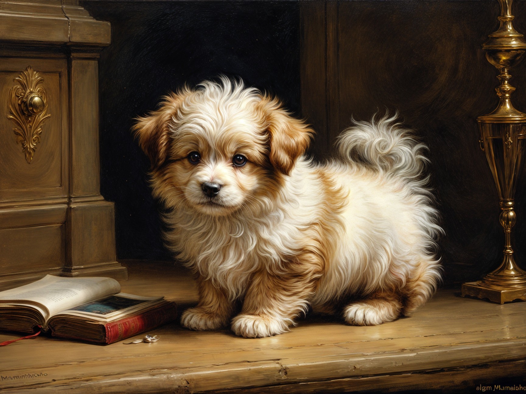 Fluffy Cream and Brown Puppy on Wooden Table