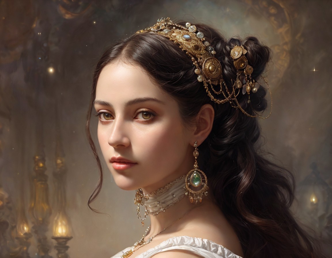 Portrait of a woman with detailed jewelry and crown