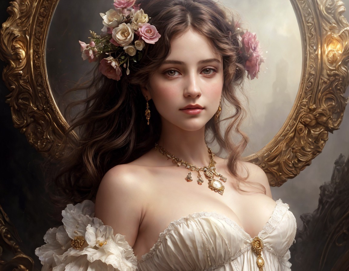 Portrait of a woman in white dress with floral wreath