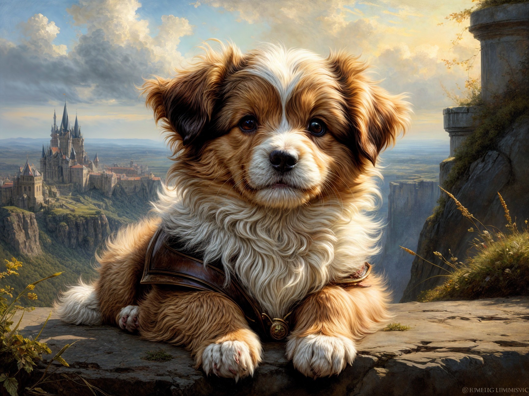 Puppy on Rocky Ledge with Castle in Background
