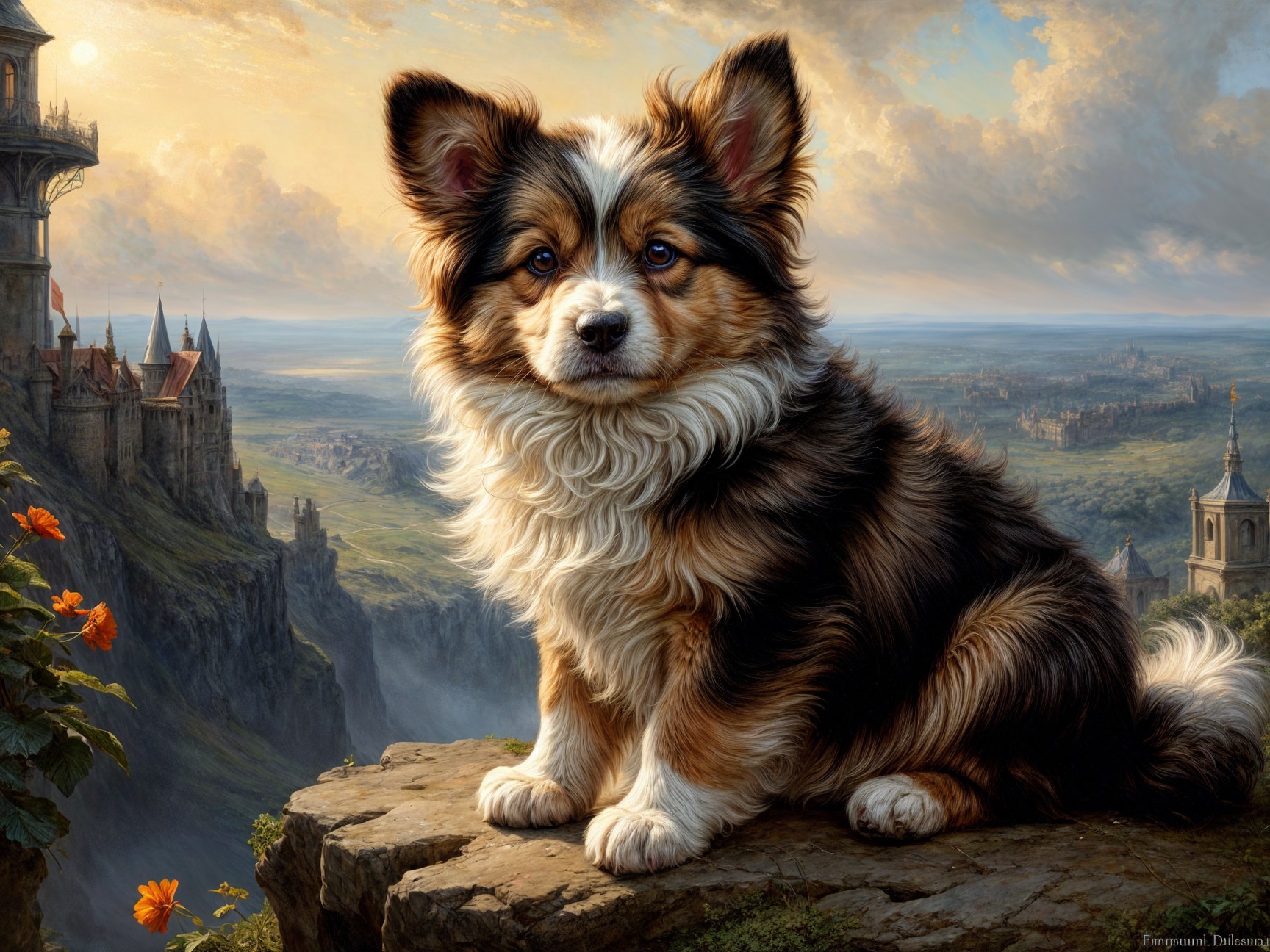 Tricolored Dog on Rocky Ledge with Castle Background