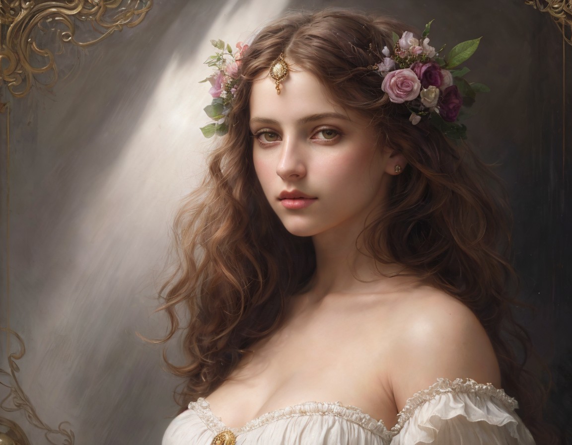 Young woman with floral crown and elegant jewelry in front of vintage mirror