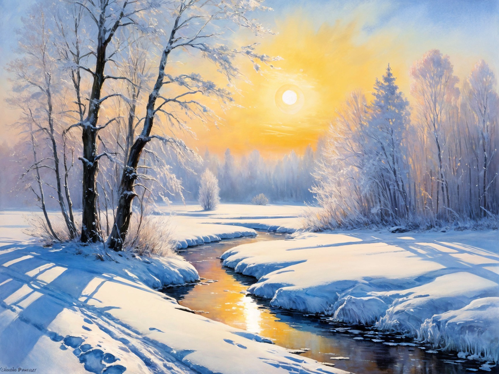 Serene Winter Landscape with Golden Light and Snow