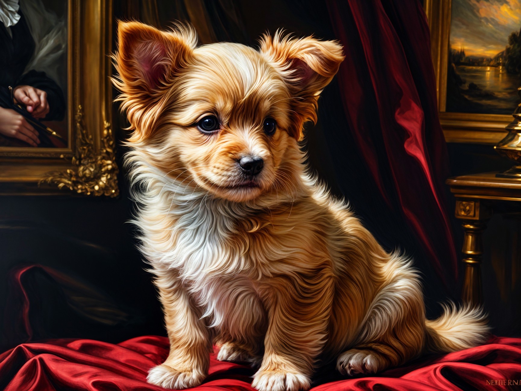 Fluffy Golden Puppy on Elegant Red Drapery