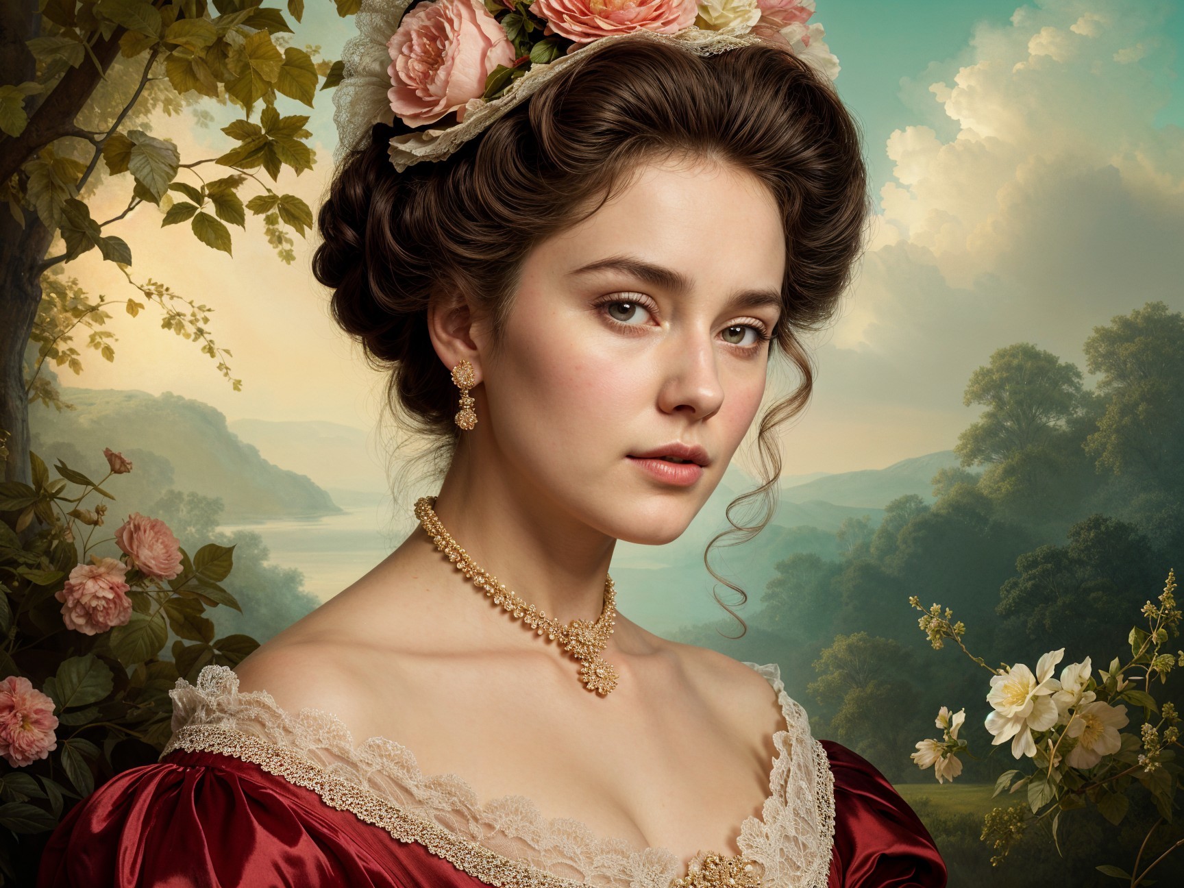 Elegant Young Woman in Vintage Burgundy Gown