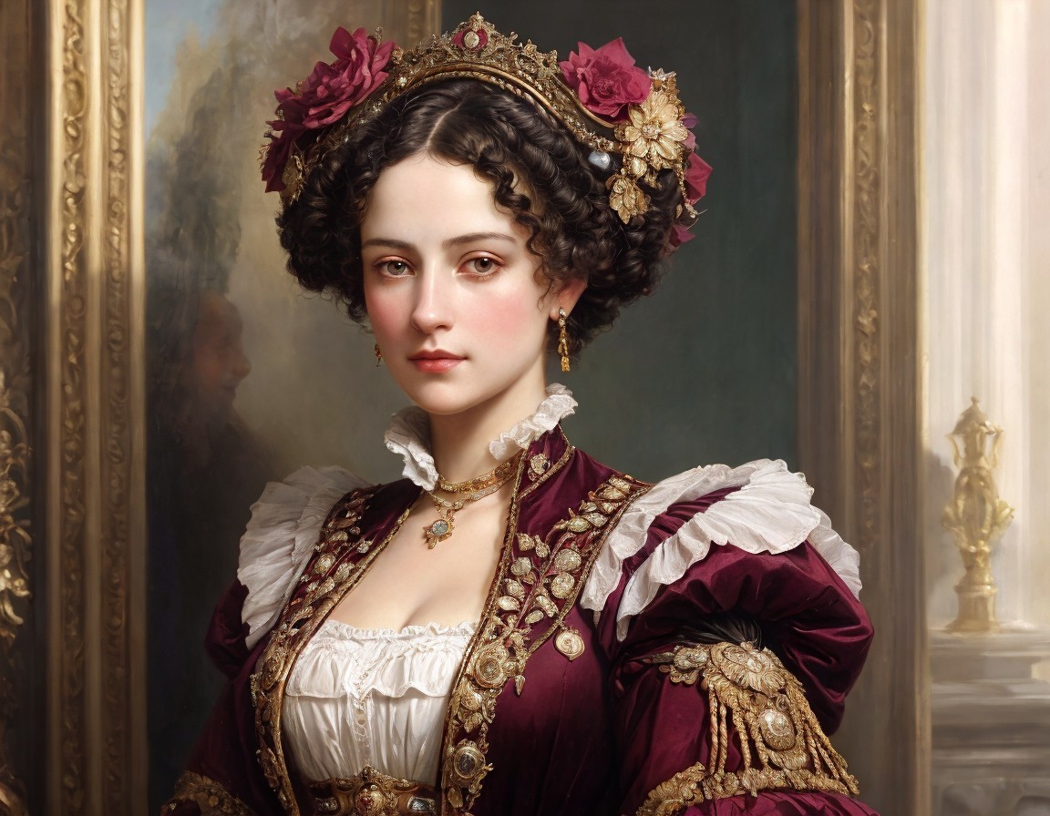 Elegant Young Woman in Lavish Historical Gown