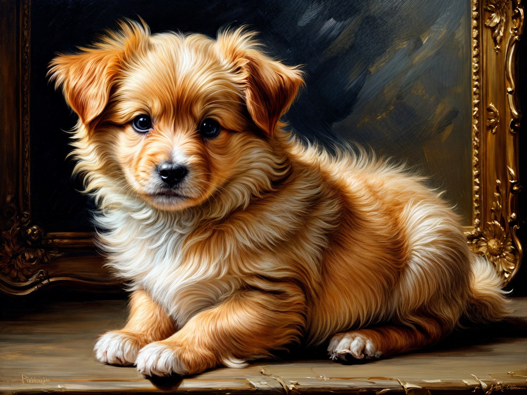 Fluffy Golden-Orange Puppy on Wooden Surface