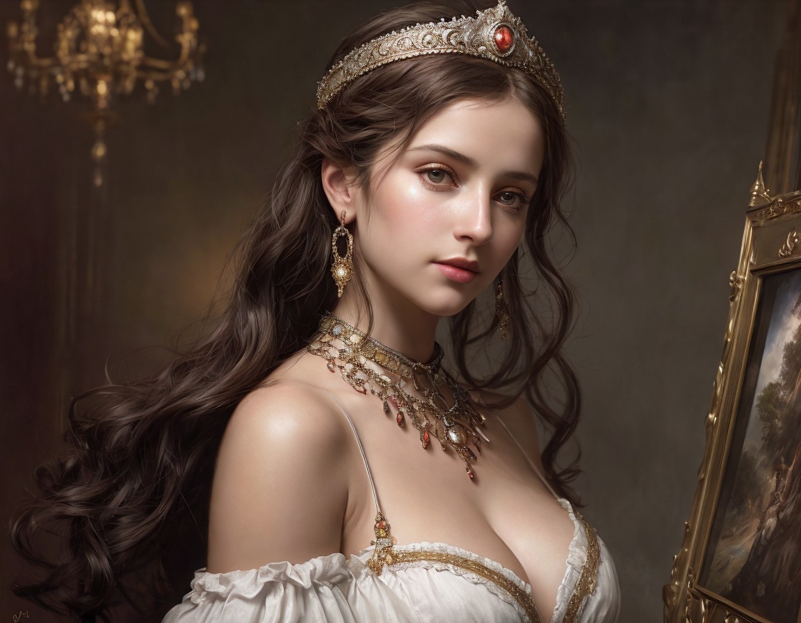 Regal woman in tiara and necklace near painting