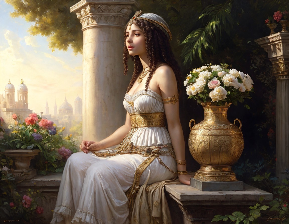 Elegant woman in classical dress with ornate jewelry on stone bench beside golden vase amid lush foliage and