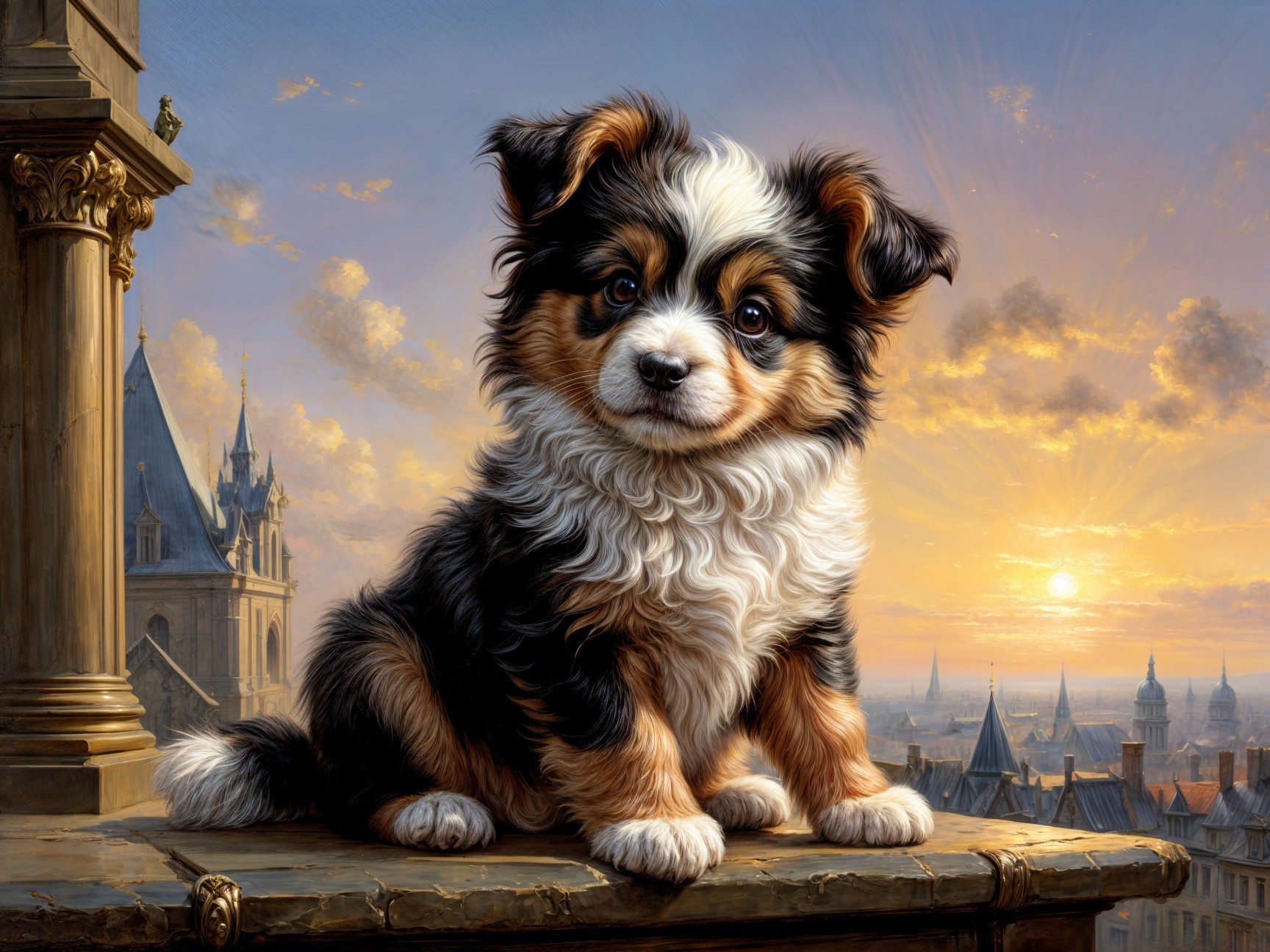 Fluffy Tri-Color Puppy Against Sunset Cityscape