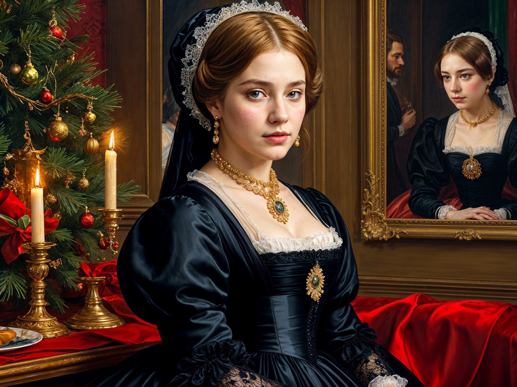 Young Woman in Black Dress by Ornate Mirror