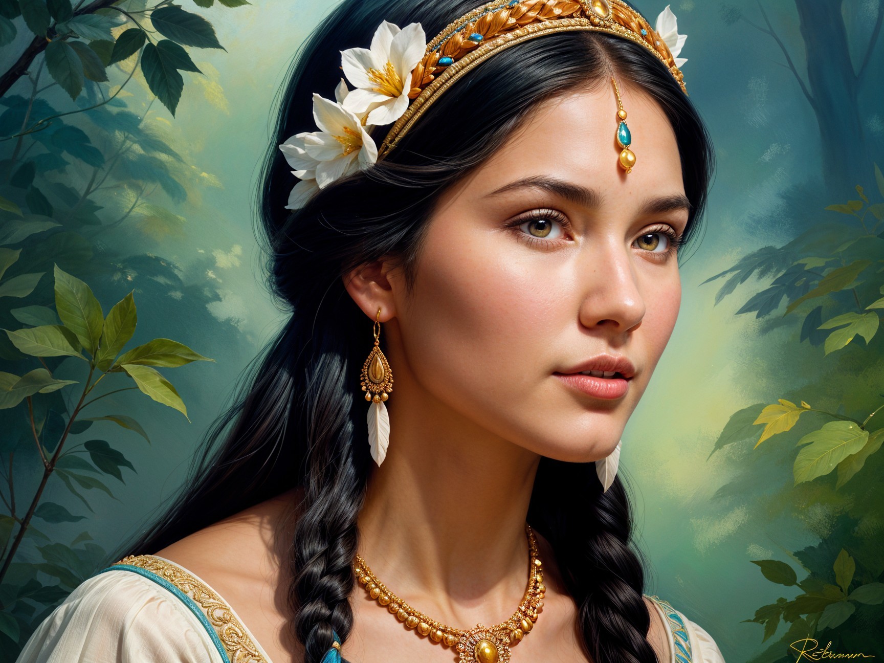 Young Woman in Forest with Floral Headdress and Jewelry